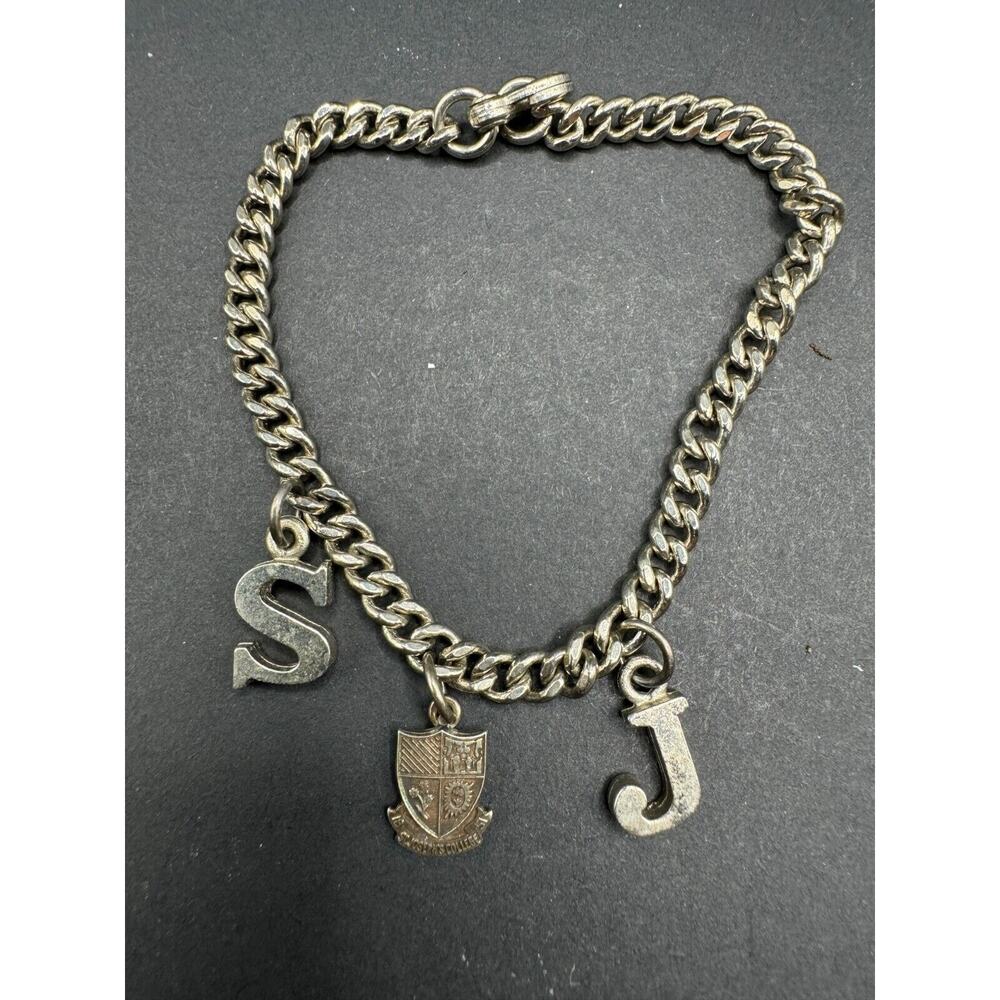 Vintage 1851 St. Joseph College S & J Charm Curb Link Bracelet Silver Tone